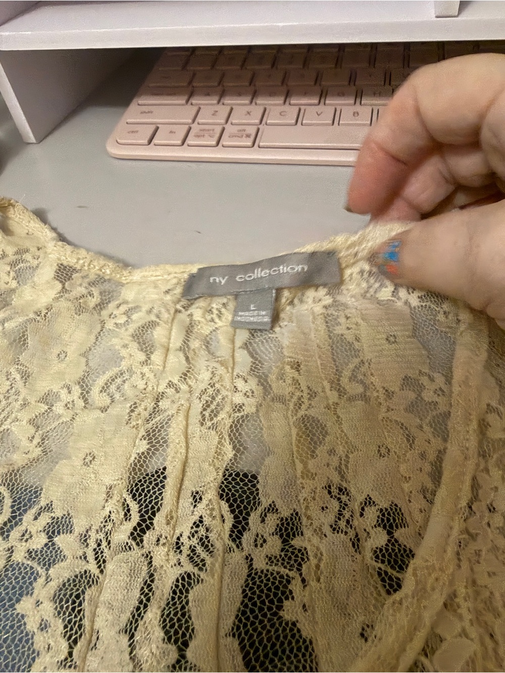 NY Collection Cream Lace Top with Floral Overlay